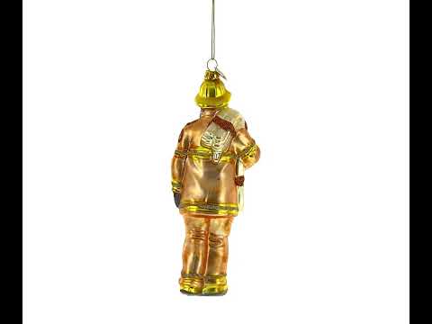 Heroic Fireman with Hose Blown Glass Christmas Ornament