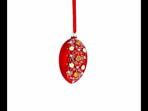 Jeweled Flowers on Red Glass Egg Christmas Ornament 4 Inches