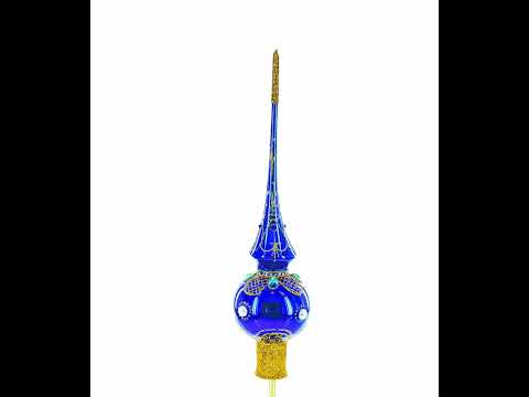 Blue Jewels and White Pearls on Glossy Blue Blown Glass Christmas Tree Topper 11 Inches