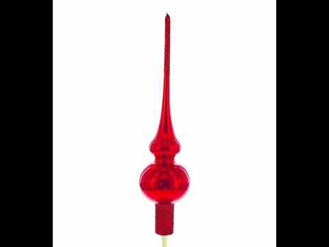 Glossy Red with Sparkling Top Mouth Blown Glass Christmas Tree Topper 11 Inches