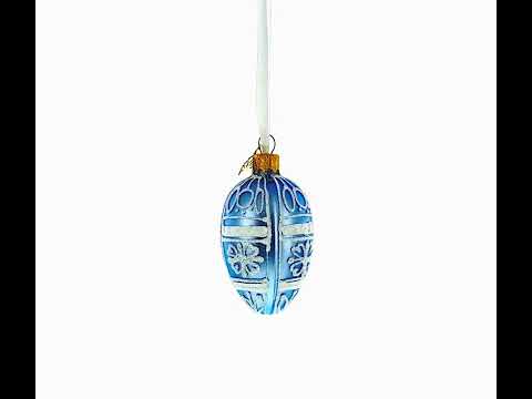 Frosted Blue with White Floral Pattern Mini Glass Egg Ornament 2.9 Inches