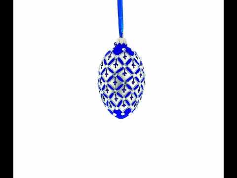 Silver Diamonds on Blue Glass Egg Ornament 4 Inches