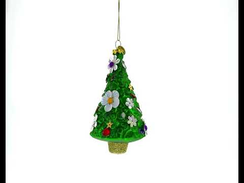 Blossom-Adorned Christmas Tree Glass Ornament