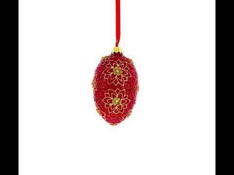 Golden Flower on Red Glass Egg Ornament 4 Inches