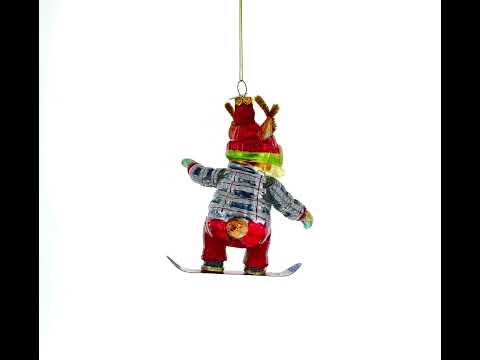 Adventurous Moose on Snowboard Glass Christmas Ornament