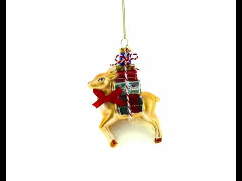 Deer Carrying Gifts Blown Glass Christmas Ornament