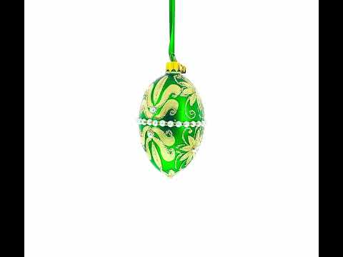 Beaded Center & Golden Flowers On Green Glass Egg Ornament 4 Inches