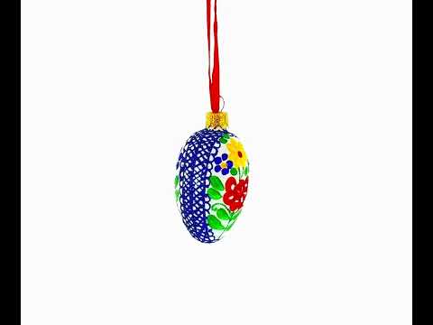 White with Multicolor Floral and Blue Lace Accents Mini Glass Egg Ornament 2.9 Inches