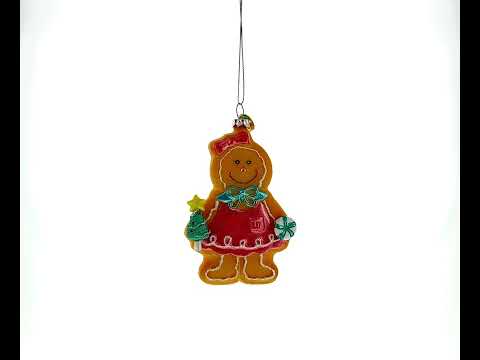 Sweet Gingerbread Girl in Festive Attire Blown Glass Christmas Ornament