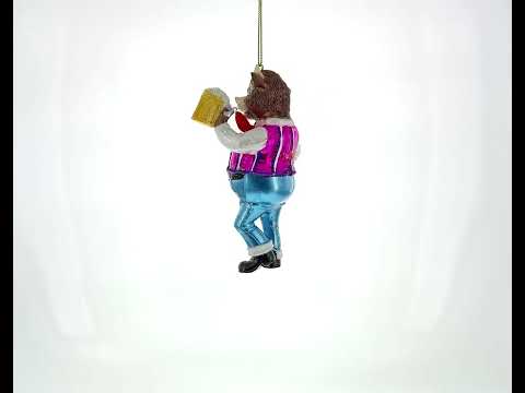 Cheers! Bull Hoisting a Cold One Beer Blown Glass Christmas Ornament