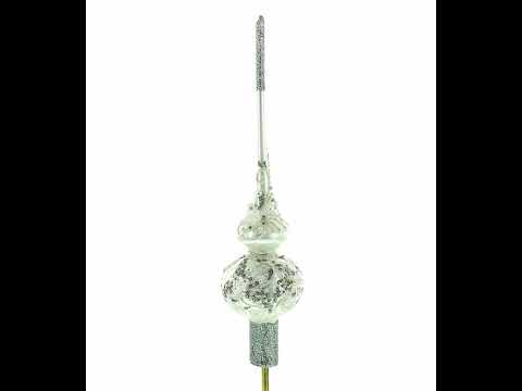 Dimensional White Roses and Pearls on Glossy White Blown Glass Christmas Tree Topper 11 Inches