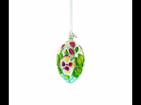 Flowers on White Glass Egg Ornament 4 Inches