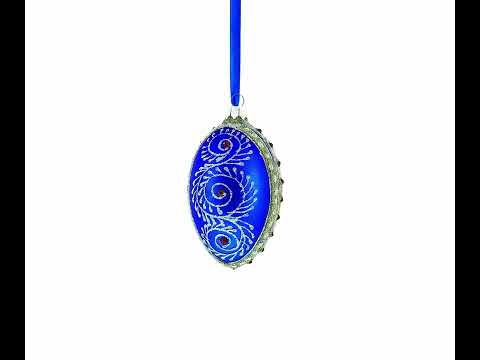 Silver on Blue Jeweled Glass Egg Ornament 4 Inches