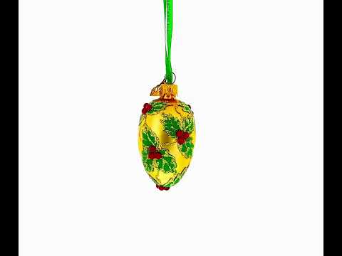 Golden with Holly Leaf and Red Berry Accents Mini Glass Egg Ornament 2.9 Inches