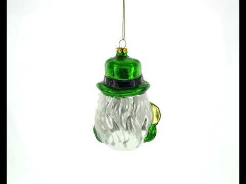 Irish Santa Holding a Pipe with Green Hat - Exquisite Blown Glass Christmas Ornament