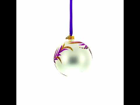 Floral Blue and Gold Blown Glass Ball Christmas Ornament