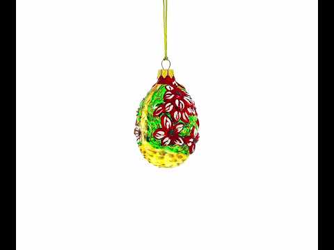 Red Flowers Bouquet in a Basket Mini Glass Christmas Ornament