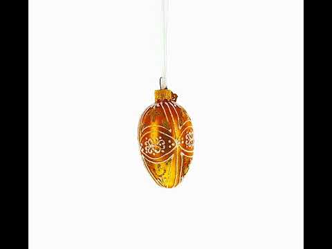 Amber Gold with White and Gold Filigree Design Mini Glass Egg Ornament 2.9 Inches