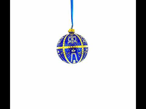 1896 Twelve Monograms Royal Egg Blue Blown Glass Ball Christmas Ornament 3.25 Inches