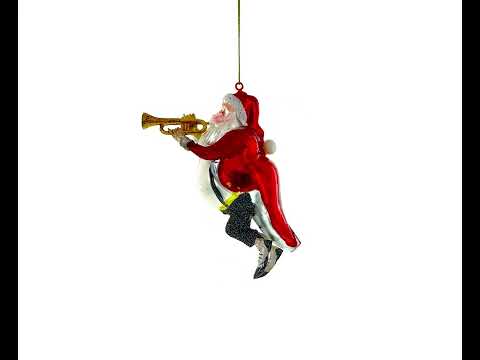 Festive Santa Blowing Trumpet Blown Glass Christmas Ornament