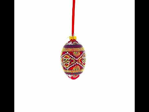 Red Geometric Ukrainian Egg Glass Christmas Ornament 4 Inches