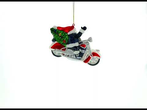 Biker Santa in Black Leathers Delivering Christmas Tree Blown Glass Ornament