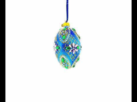 Jeweled Purple Flowers on Blue Glass Egg Ornament 4 Inches