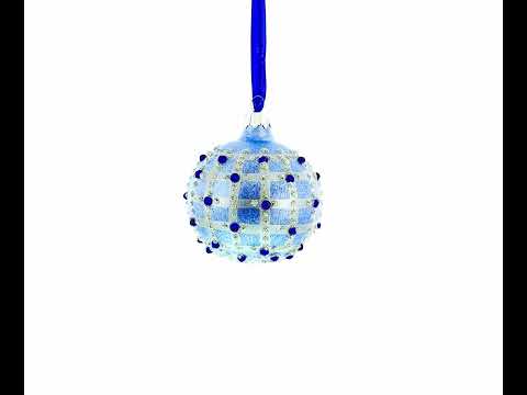 Blue Jewels and Check Pattern Necklace Design Glass Ball Christmas Ornament 3.25 Inches