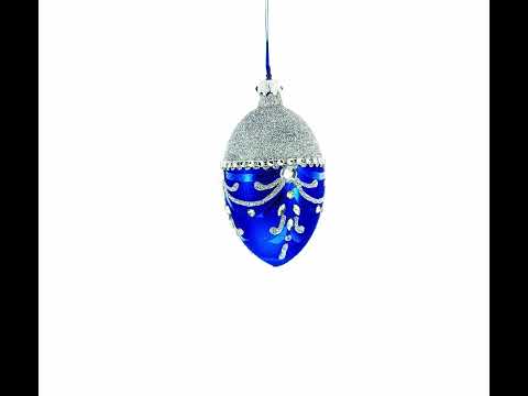 Glittered Silver Top Blue Bottom Glass Egg Christmas Ornament 4 Inches