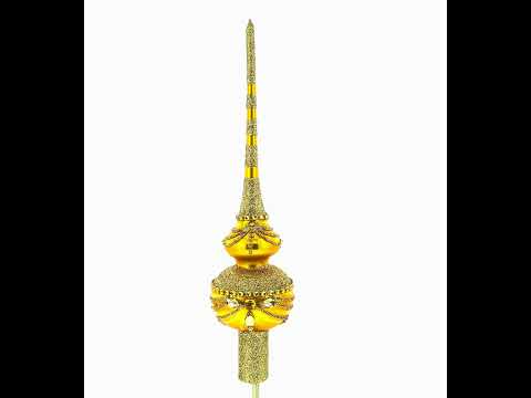 Dimensional White and Golden Jewels on Sparkling Orange Glass Christmas Tree Topper 11 Inches