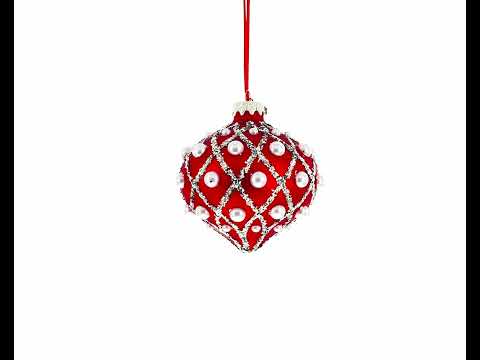 Pearls on Red Icat Glass Onion Finial Christmas Ornament