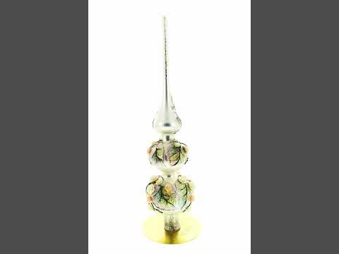 Dimensional Pink and White Roses Bouquet on Double Ball Blown Glass Christmas Tree Topper 12.5 Inches