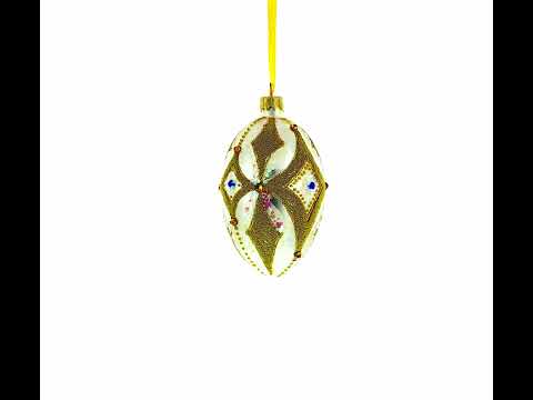 Golden Rhombus On White Glass Egg Ornament 4 Inches