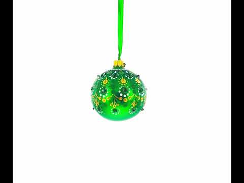 Emerald Green with Golden Accents and Crystals Glass Ball Christmas Ornament 3.25 Inches