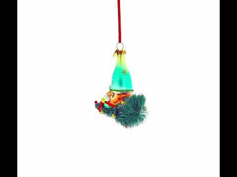 Gnome Adventurer Riding a Festive Tree Blown Glass Christmas Ornament