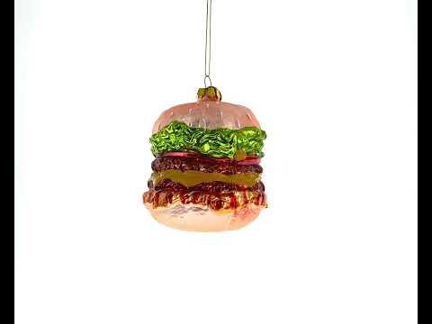 Mouth-Watering Feast: Double Cheeseburger Blown Glass Christmas Ornament