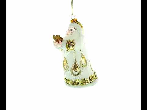 Santa in White Coat Blown Glass Christmas Ornament