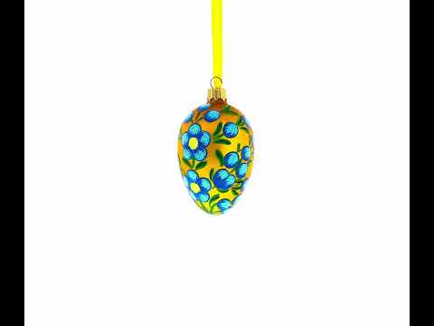 Blue Flowers on Orange Glass Egg Ornament 4 Inches