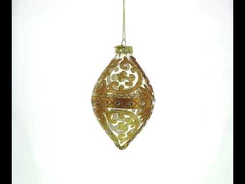 Pergamino dorado con detalles de joyas: elegante adorno navideño de vidrio soplado con acabado en rombo