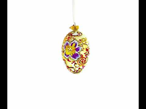 Purple Flowers Glass Egg Ornament 4 Inches