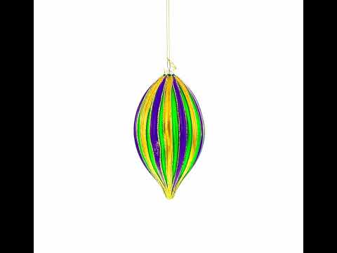 Striped Purple, Green, and Gold Teardrop Finial Glass Christmas Ornament