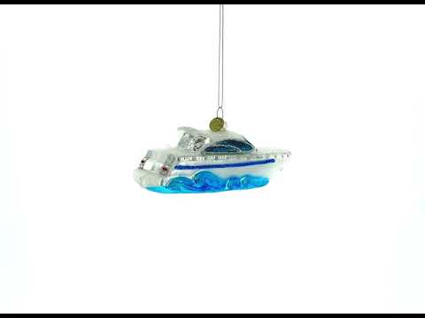 Luxurious White Yacht Powerboat Glass Christmas Ornament