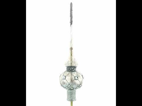 Dimensional White Jewels on Speckled Silver Mouth Blown Glass Christmas Tree Topper 11 Inches