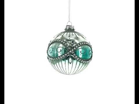 Elegant Silver and Blue Jeweled Blown Glass Ball Christmas Ornament