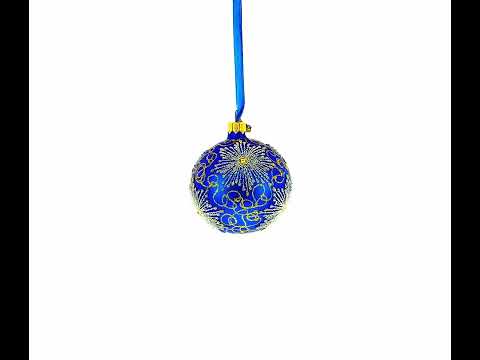 Sparkling Jeweled Snowflakes on Blue Blown Glass Ball Christmas Ornament 3.25 Inches