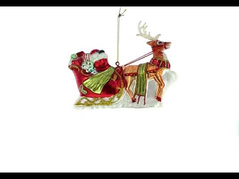 Santa on Festive Sleigh with Reindeer Blown Glass Christmas Ornament