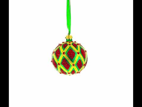 Glittered Red IKAT on Green Glass Ball Christmas Ornament 3.25 Inches