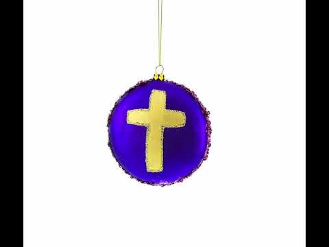 Sacred Mary Holding Jesus on Purple Disc Blown Glass Christmas Ornament