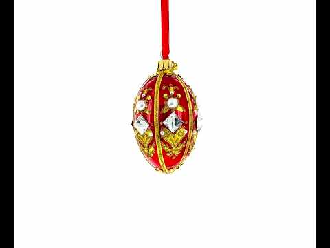 Diamonds and Pearls on Red Glass Egg Ornament 4 Inches