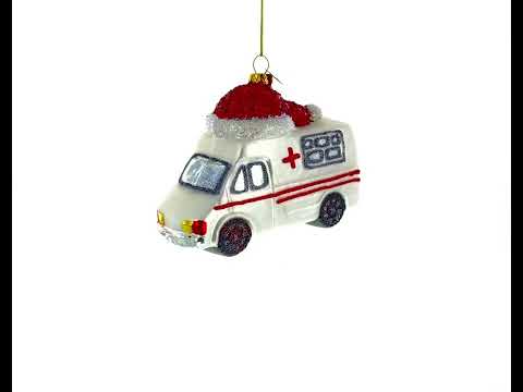 Festive Ambulance in a Santa Hat Glass Christmas Ornament